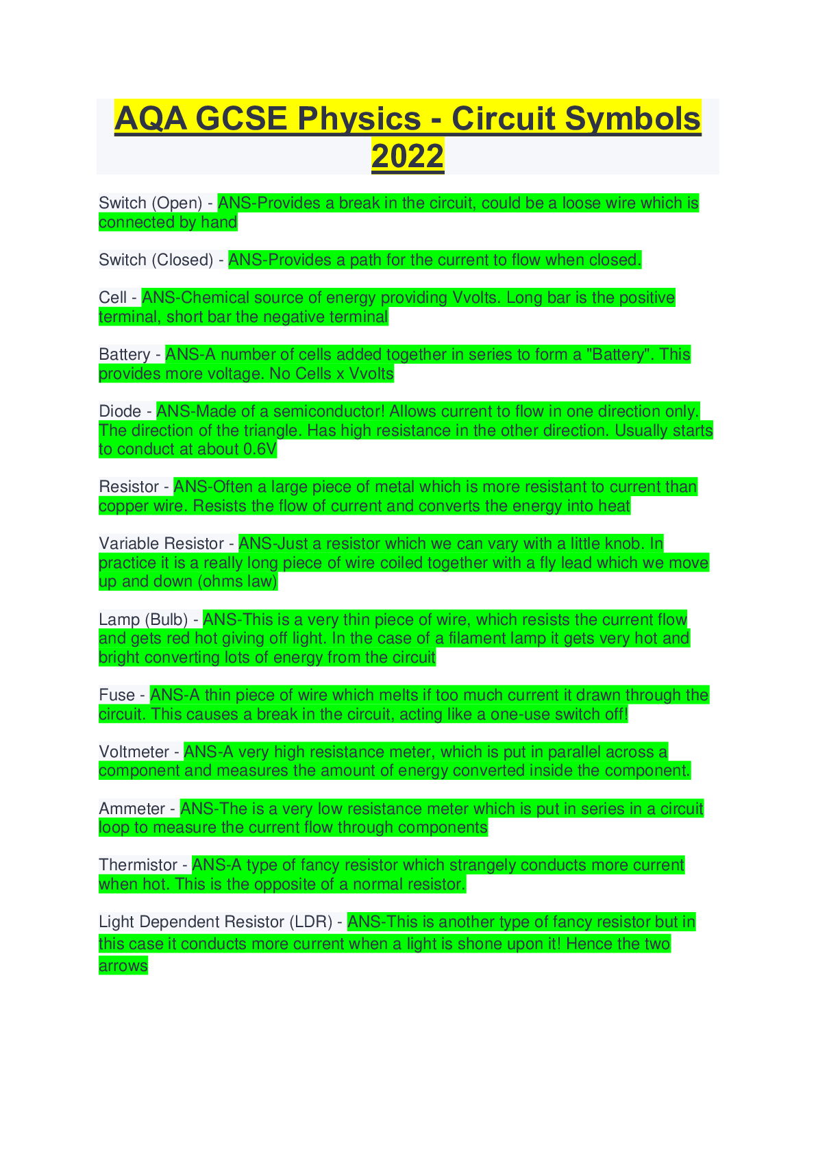 Preview image for AQA GCSE Physics - Circuit Symbols 2022